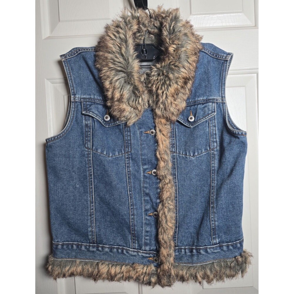 Cruel Girl Vest Womens Medium Blue Denim Faux Fur Collar Trim Button Front - Picture 2 of 7